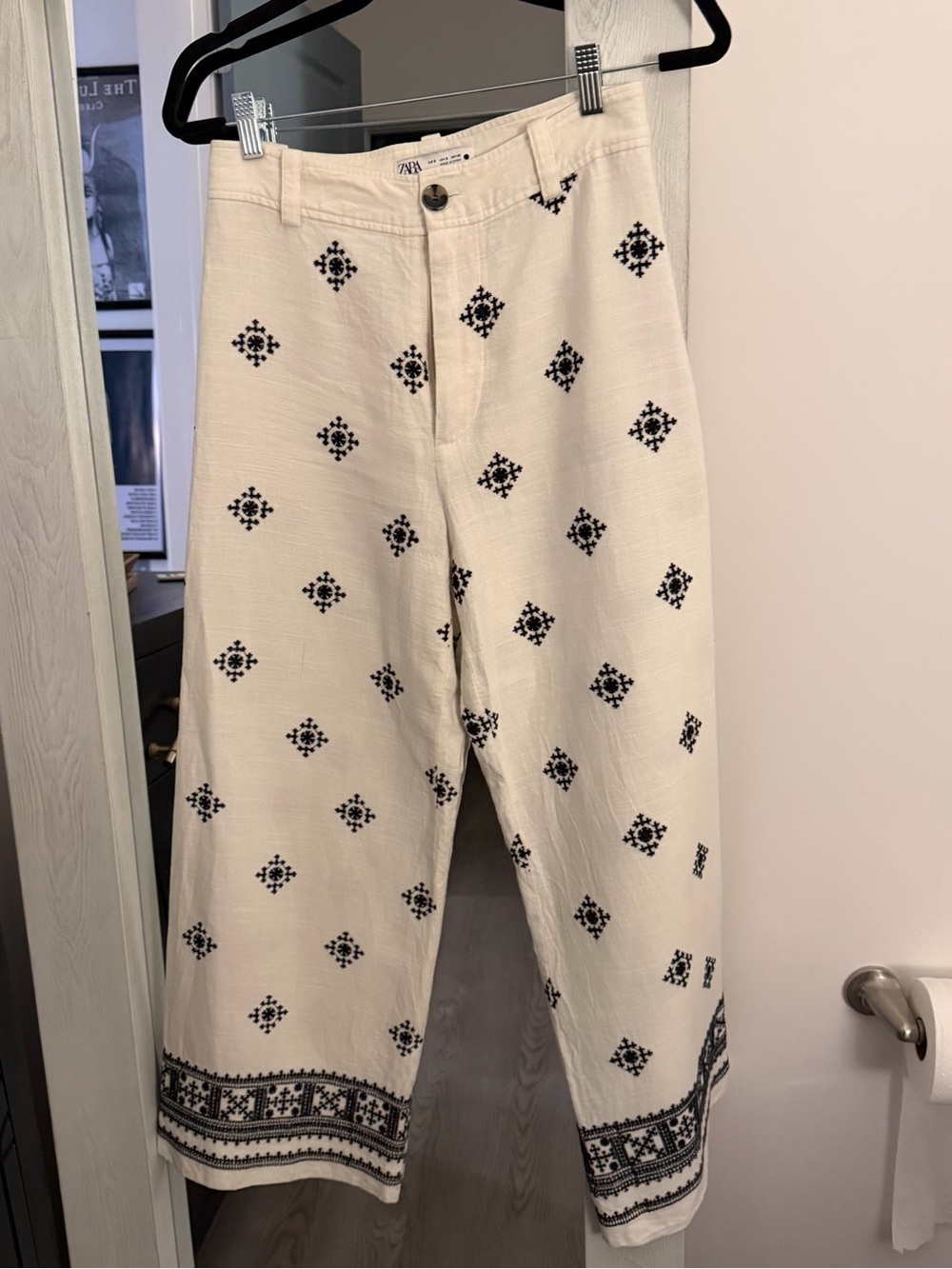 Zara Beige Embroidered Wide-Leg Pants